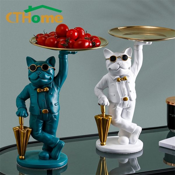Nordic-style French Bulldog sculpture figurine, a stylish tabletop decor piece with plate and glasses, perfect as a gift