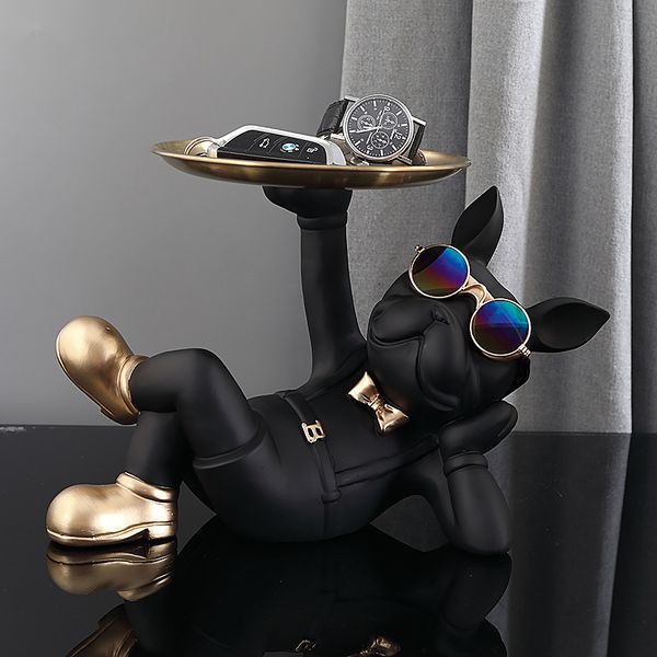 Nordic-style resin bulldog figurine with tray for keys, jewelry storage, and home decor