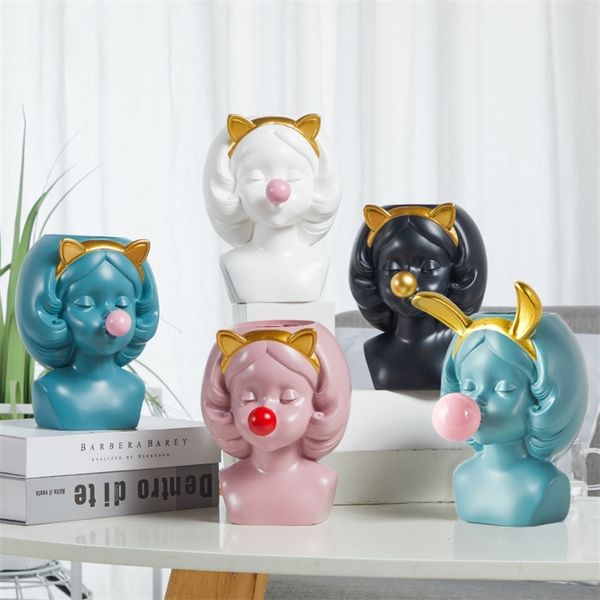 Nordic-style resin vase featuring a cute bubble gum girl figurine, perfect for succulents, flowers, or as a modern home decor pen holder