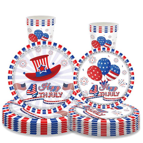 Novelty American Independence Day party set with hats, balloons, flags and disposable tableware for 4th of July celebrations