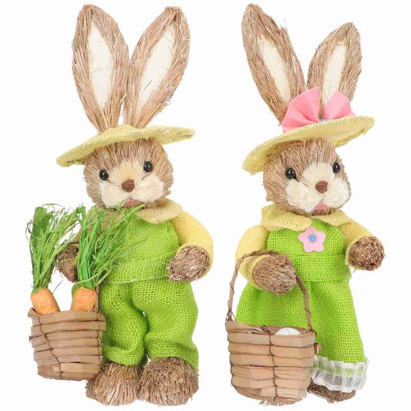 Novelty Easter Bunny Rabbit Woven Straw Figurine Garden Ornament Standing Statue Decor