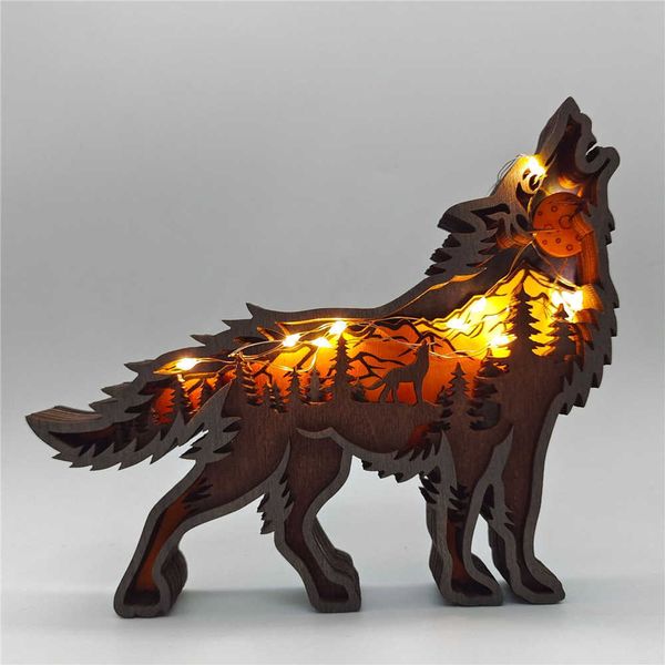 Novelty wooden hollowed animal figurines with LED lights for home decor