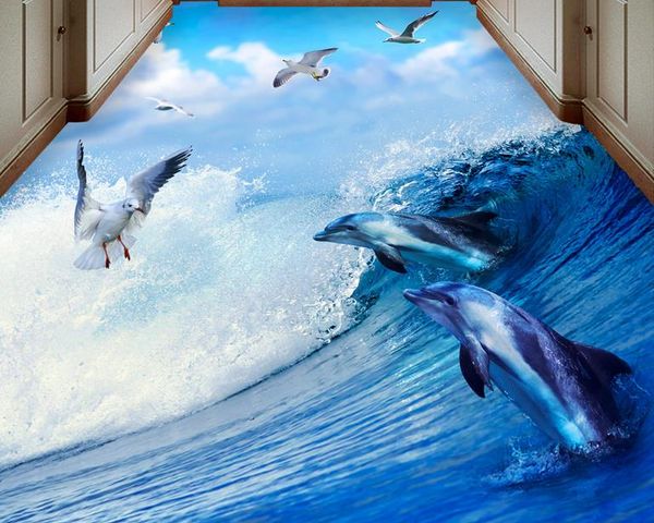 Ocean Dolphins Seagull Toilets Bathroom Bedroom 3D Floor vinyl flooring bathroom