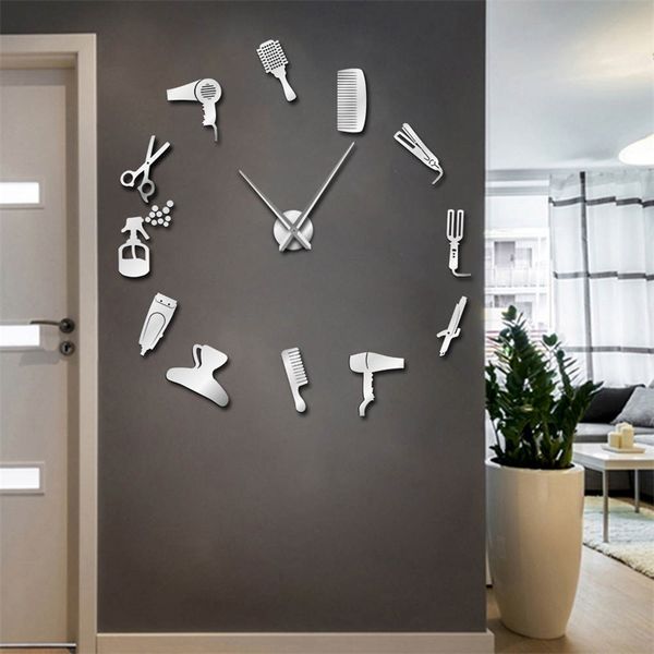 Oversized frameless DIY wall clock with barber shop hair tool designs, ideal for beauty salon decor