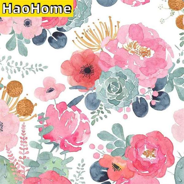 Peel-and-stick floral wallpaper featuring watercolor cactus design in white, pink, green, and navy blue