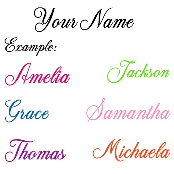 Personalized vinyl decal wall stickers for cars, doors, windows, or bedrooms, available in 20 colors with custom names for boys and girls