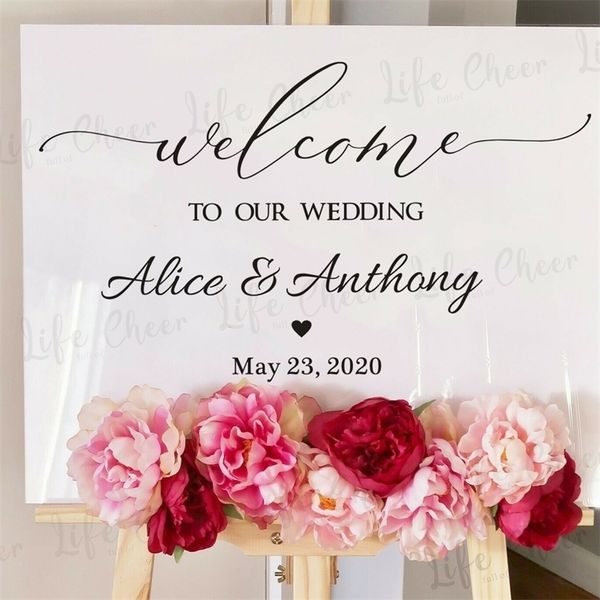 Personalized vinyl sticker for weddings with custom text, perfect for anniversary and engagement party decor on mirrors or boards