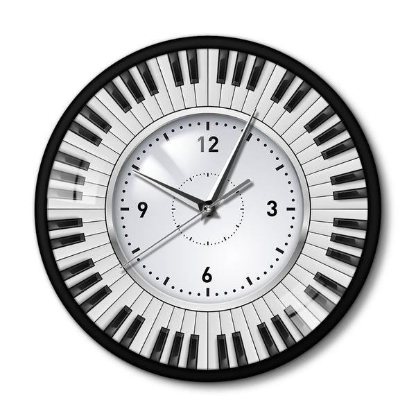Piano key wall clock featuring a sleek black metal frame, perfect for music studio decor with its do-re-mi design