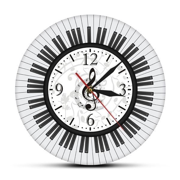 Piano keyboard treble clef wall clock with black and white musical notes, perfect music studio decor and pianist gift