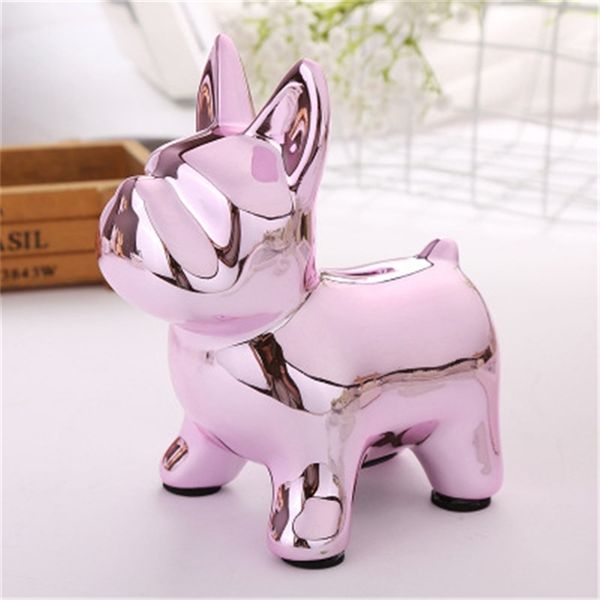 Pink French Bulldog ceramic piggy bank for home decor, a cute and creative money box ornament