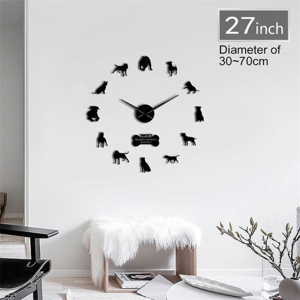 Pit Bull-themed 3D decorative wall clock featuring DIY mirror number stickers for stylish home decor