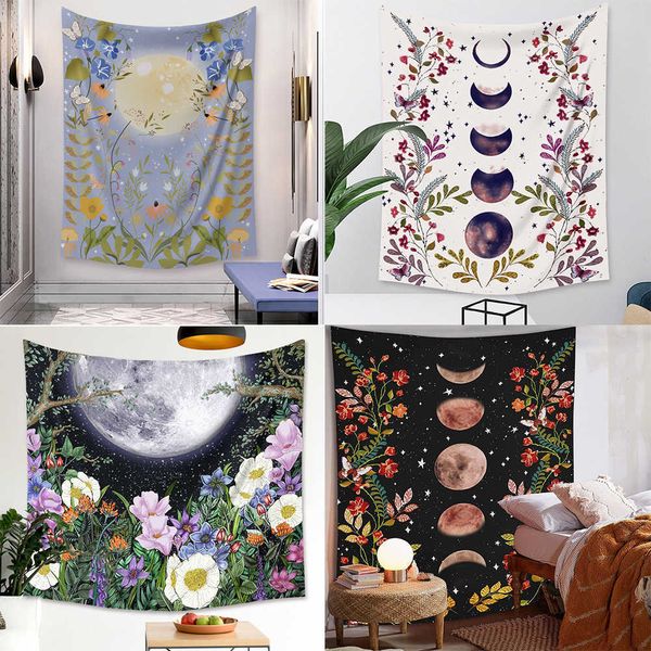 Psychedelic moon and star patterned wall tapestry for home decor