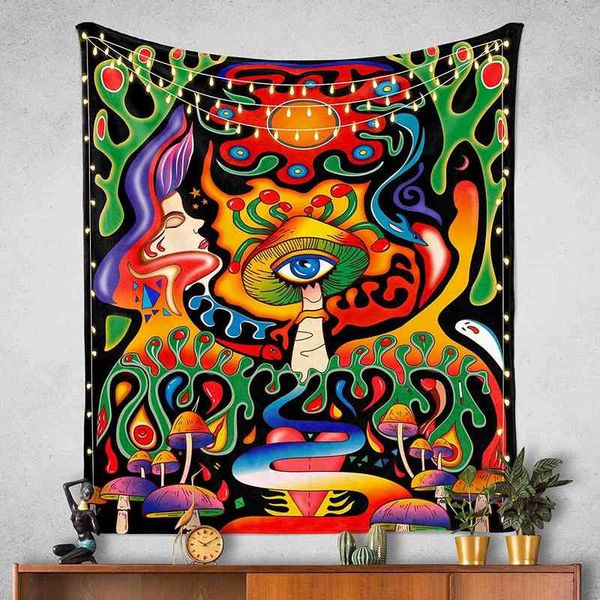 Psychedelic mushroom tapestry with vibrant trippy designs, perfect for hippie-style bedroom, living room, or dorm decor