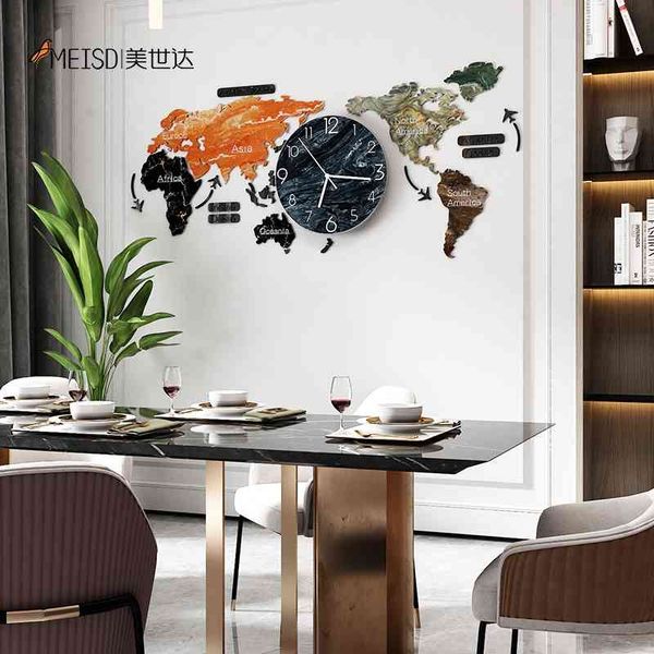 Punch-free DIY Color Painting World Map Wall Clock with Acrylic Stickers - Silent Creative Decor for Home, Living Room, or Kitchen