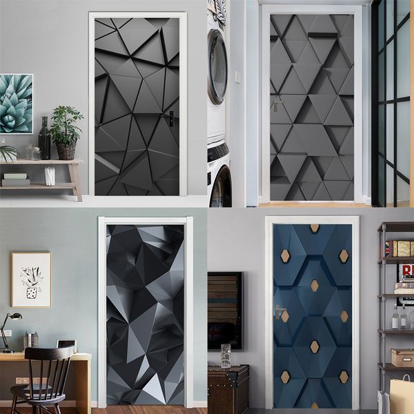 PVC self-adhesive 3D geometric door decals for DIY bedroom makeover with waterproof printed murals and home decor posters 210317