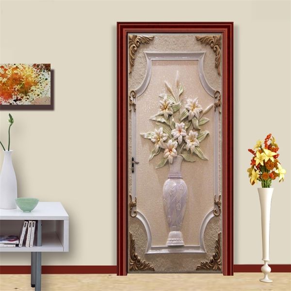 PVC self-adhesive door stickers featuring European-style 3D vase designs for DIY wall murals in living rooms and bedrooms