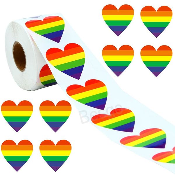 Rainbow pride stickers in heart shapes for sealing gifts and crafts