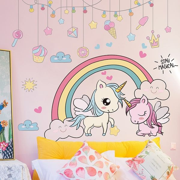 Rainbow unicorn horse wall decals for kids' room decor
