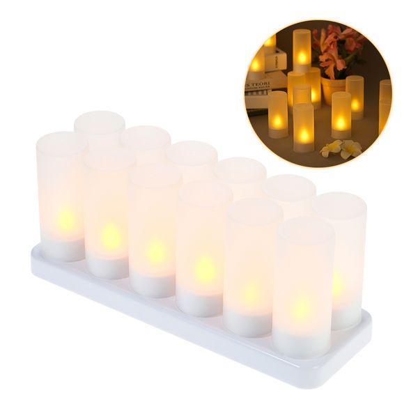 Rechargeable LED flickering flameless tealights with frosted cups and charging base, warm yellow glow, set of 4/6/12