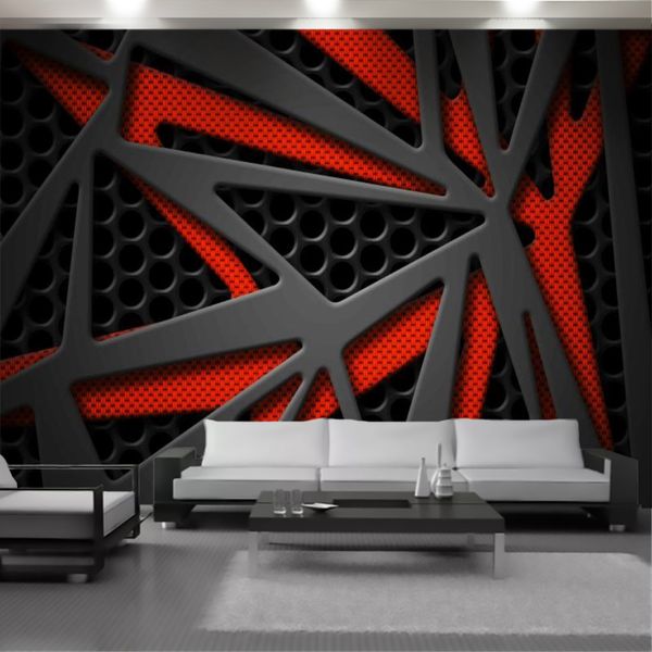 Red and gray geometric line wallpaper for elegant living room decor