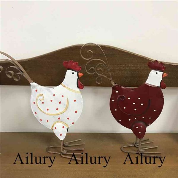 Red and white iron chicken couple for festive Christmas decor, American country window ornaments