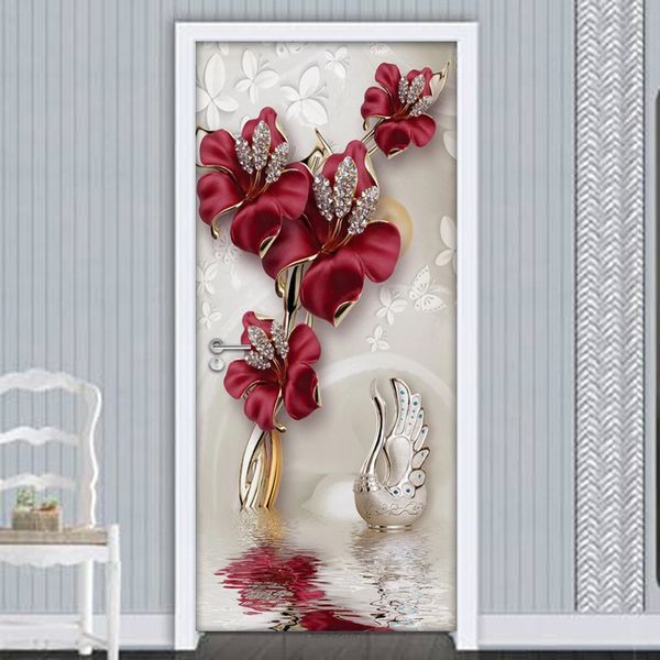 Red Flower Butterfly Jewelry 3D Door Stickers Home Decor Modern Living Room Bedroom Door Decoration Sticker Wall Mural Wallpaper 210317

3D floral butterfly jewelry door stickers for modern home de...
