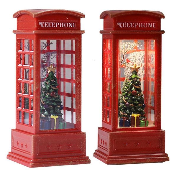 Red Vintage Glowing Christmas Phone Booth Lantern with Tree, Snowman, and Santa Figurine Inside