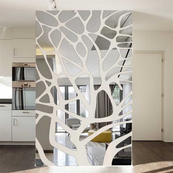Removable 3D DIY mirror wall decals featuring a tree design, perfect for bedroom or living room decor, including TV background wall accents with acrylic mirror stickers for easy application