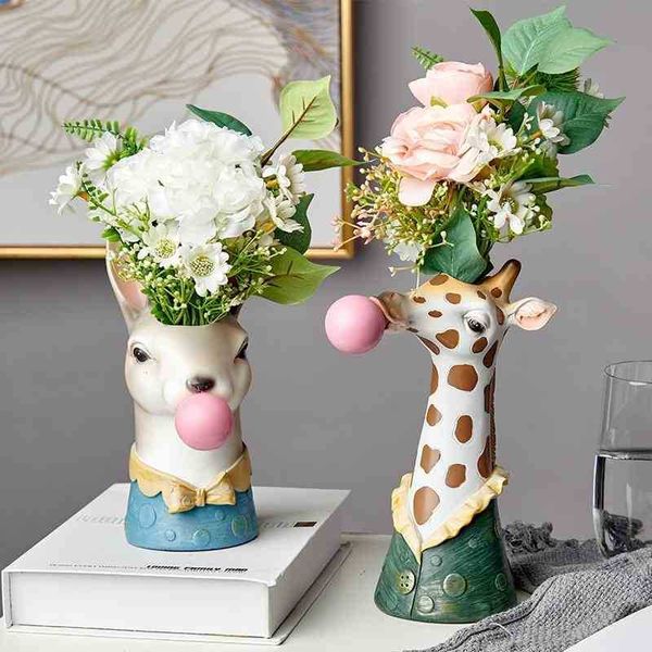 Resin Animal Head Vase - Creative Zebra, Giraffe, Panda, Deer, Bunny, Bear Flower Pot for Bubble Gum and Decoration