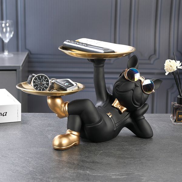Resin Butler Dog Statue with Tray for Home Decor, French Bulldog Storage Sculpture and Gift Idea