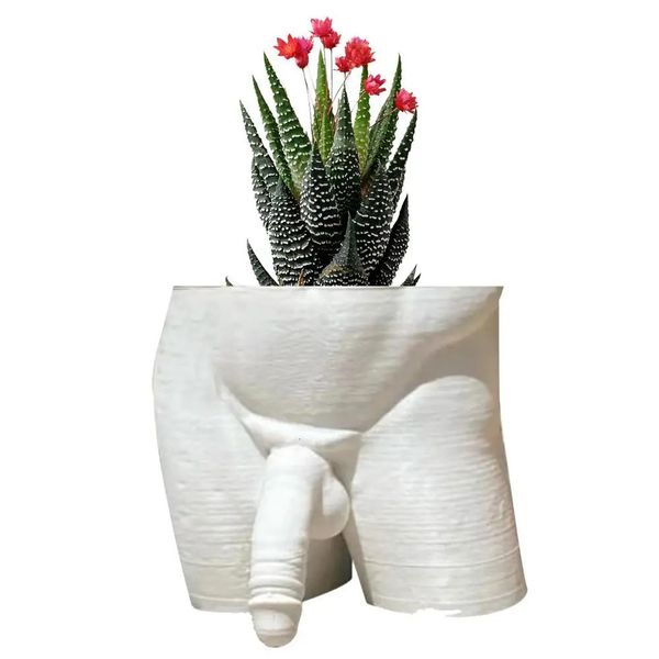Resin plant pot featuring a decorative figurine of a nude male torso, ideal for succulents and desktop ornamentation