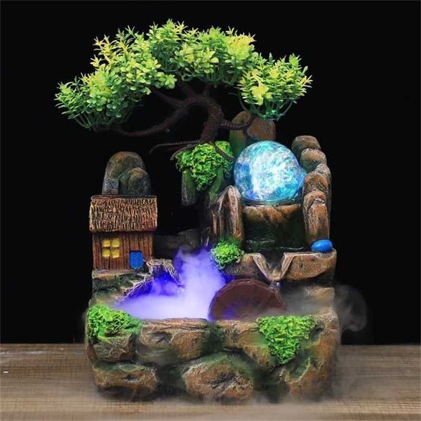 Resin-crafted Feng Shui fountain for home or office decor, featuring a rockery waterfall design ideal for Zen meditation and gifting