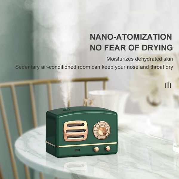 Retro humidifier with strong mist output for home or office, featuring USB charging and air purification