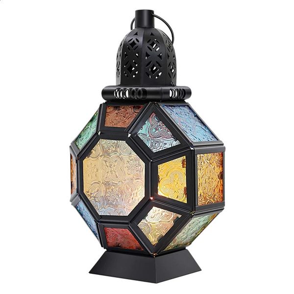 Retro iron candle lantern with portable Moroccan stained glass design, featuring a hanging lamp horse motif and wind-resistant home decor