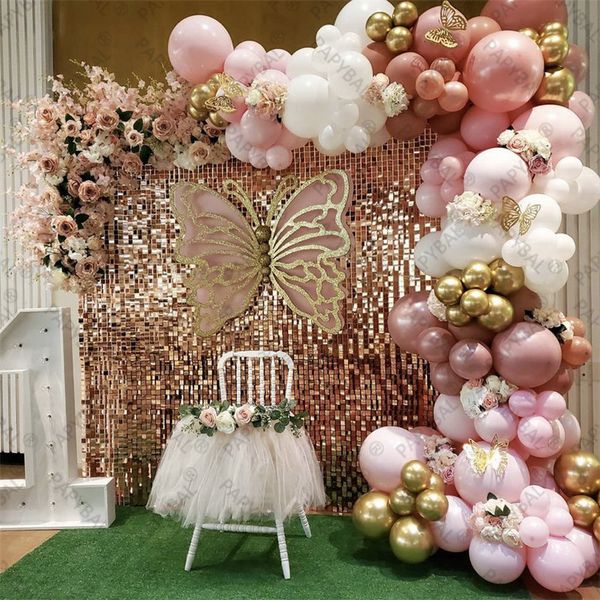Retro pink and white balloon arch garland kit with 3D butterfly stickers for DIY wedding and birthday party decor