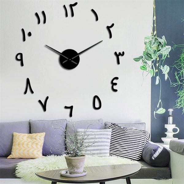 Retro-style large Arabic numeral wall clock with acrylic mirror stickers, frameless design for home decor