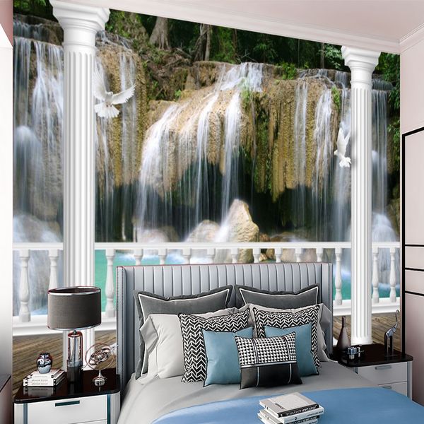 Romantic 3D landscape wallpaper featuring white Roman columns and a stunning waterfall scene, perfect for home decor murals