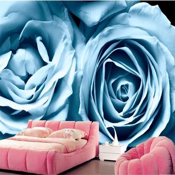 Roses Light Blue Flowers wallpaper for hotel coffee shop living room sofa TV wall and bedroom wall murals in modern design