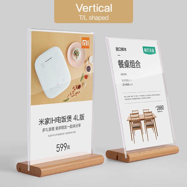 Round 2 wooden base sign holders in multiple sizes including A6 acrylic stands for menus, art, and photos