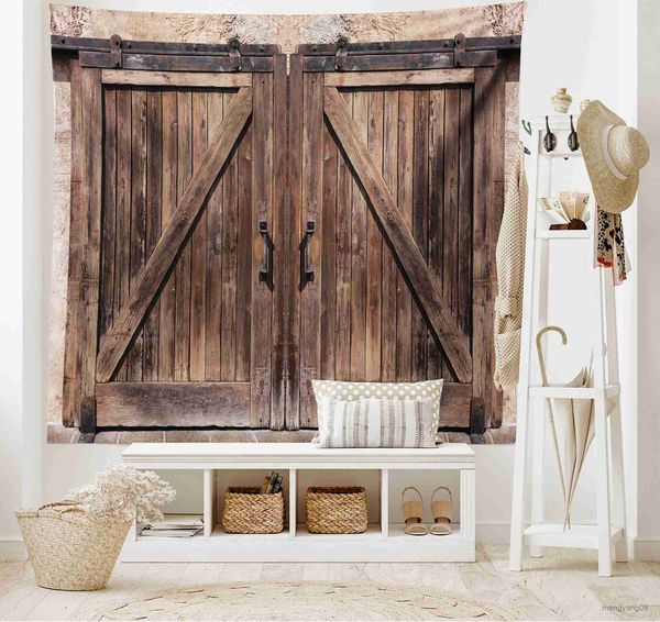 Rustic wooden barn door design tapestry, a vintage farmhouse wall decor for bedrooms, living rooms, or dorms