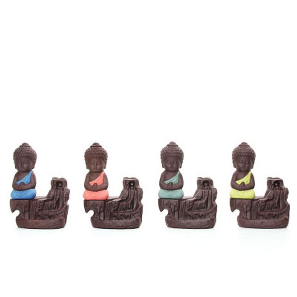 Safety foam packaging for a small Buddha backflow incense burner in purple sand, a mini ceramic monk ornament with mountain fragrance