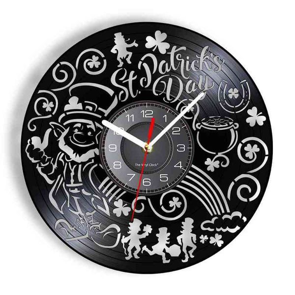 Saint Patrick's Day vinyl record wall clock featuring a clover shamrock design, celebrating Irish heritage with vintage album style home decor