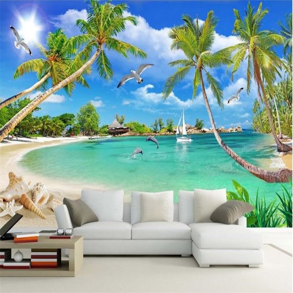 Scandinavian-style 3D desktop wallpaper featuring a beach with coconut trees