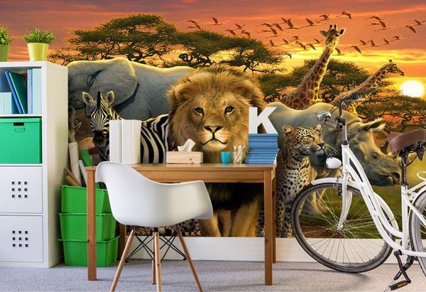 Seamless large-scale 3D custom photo wallpaper featuring sunlit elephants, zebras, lions, and giraffes for children's room backgrounds