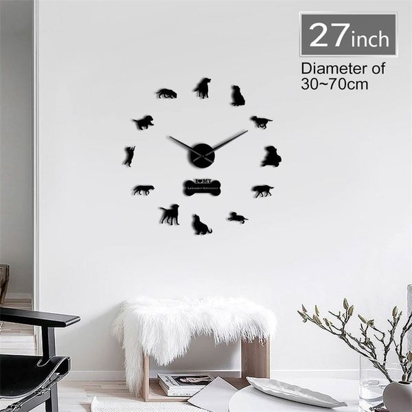 Self-adhesive 3D wall clock featuring Labrador Retriever dog breeds, perfect for DIY dog lovers' room decor and puppy club wall art 201202