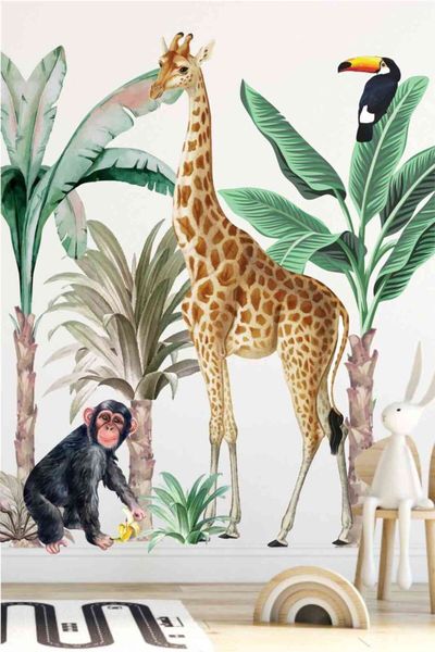 Self-adhesive PVC wall decor for kids' rooms featuring a tropical safari theme