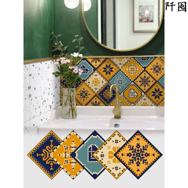 Self-adhesive waterproof wall stickers for kitchen, bathroom, and balcony, featuring mosaic waistline patterns and ceramic tile designs