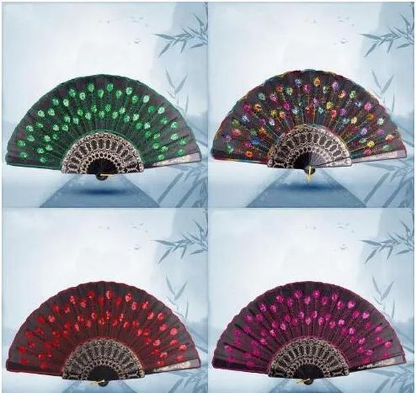 Sequins Dancing Fan Creative Design Peacock Folding Hand Fans Women Stage Performance Prop Multi Color Free Shipping LL
