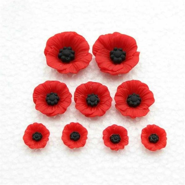 Set of 100 elegant red poppy resin cabochons for home decoration, sizes 12-23mm