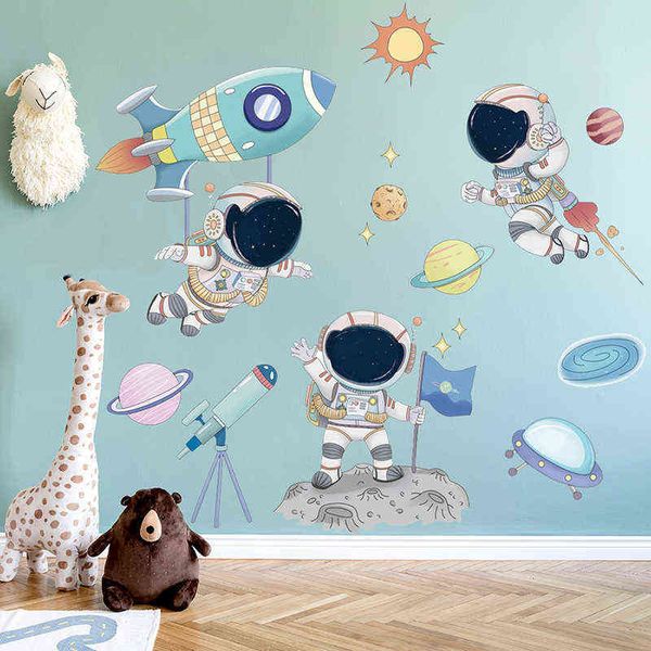 Space-themed astronaut wall decals for children's rooms, removable vinyl PVC stickers for kindergarten and home decor